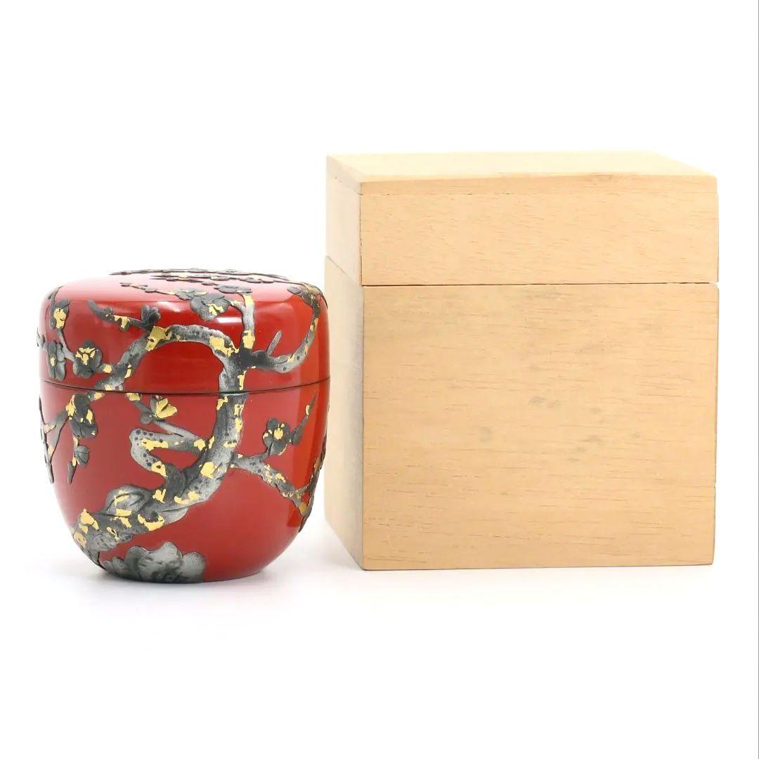 胡差琉漆 琉球漆器 梅花文朱 棗 茶道具　M643　GB1