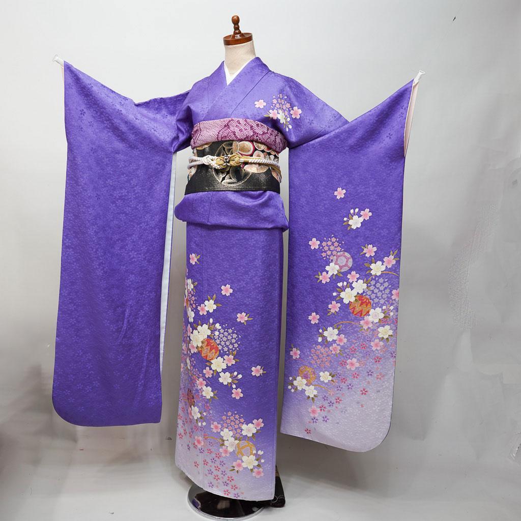 振袖 正絹 着物単品 仕立て上がり 紫色 古典柄 桜 モダン NO42783