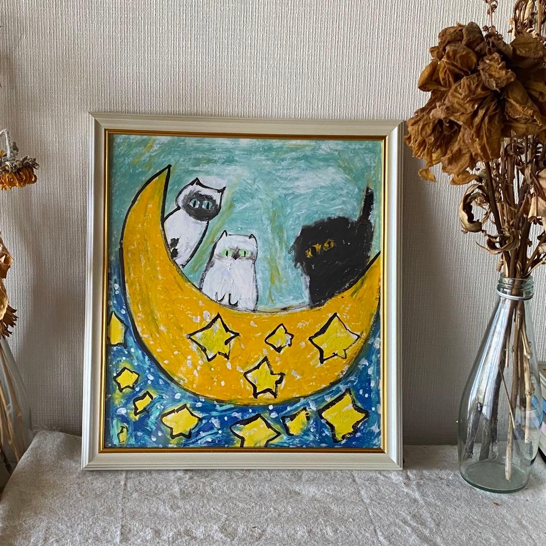 絵画 。壁掛け絵【かわいい猫たちが月亮船に乗って世界を旅する】