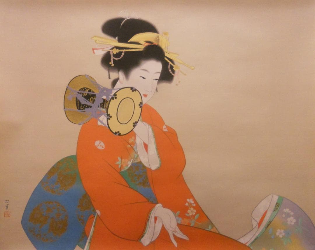 掛け軸 上村松園 『 鼓の音 』 美人画 名品 複製 希少 茶道具 掛軸 新品