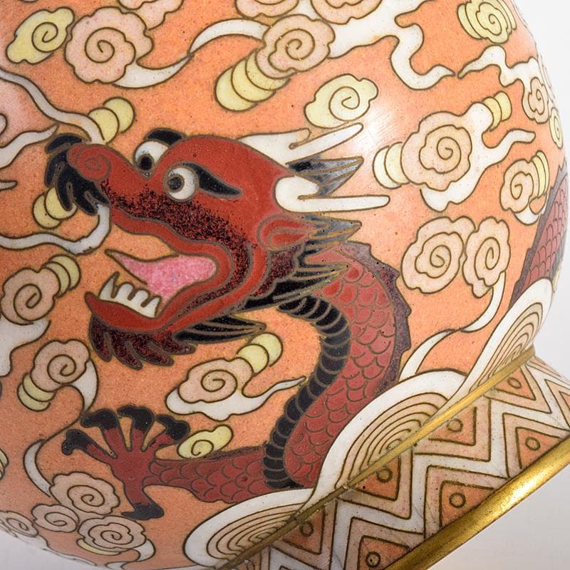 中国　景泰藍　古七宝琺瑯彩　雲竜文　蕾口瓶　共箱　D　R7822