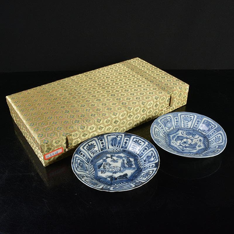 中国　青花　魚藻文　神獣文　鉢　皿　一對　M　R6200