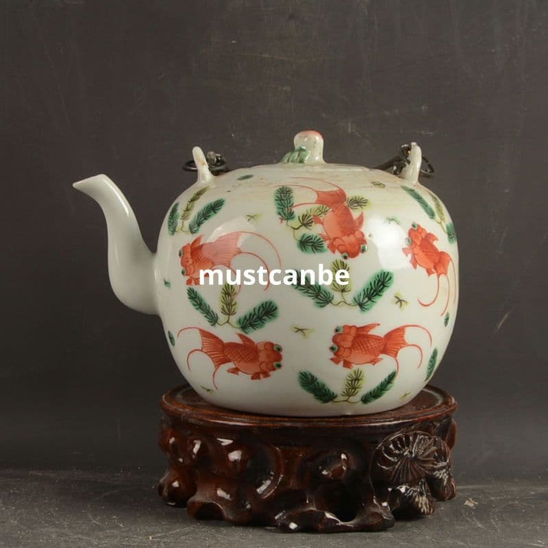 パステル魚藻紋支釘提梁壺 茶壺 茶道具 景徳鎮 陶磁器 装飾品 現代工芸品 置物