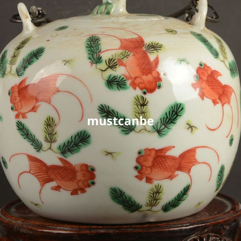 パステル魚藻紋支釘提梁壺 茶壺 茶道具 景徳鎮 陶磁器 装飾品 現代工芸品 置物