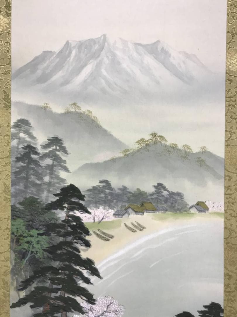 春光/春景山水図/山水図/漁舟図/桜山水図/掛軸/名家伝来/AD-951