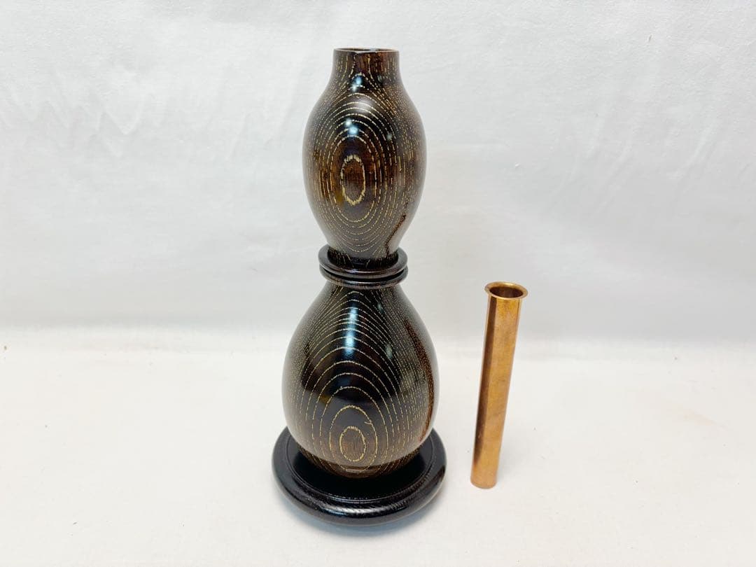 未使用 華道具 福田芳朗作 欅神代塗 沈金 福瓢一輪生 紫檀台付 銅おとし共箱