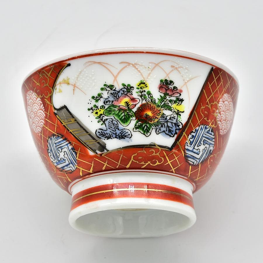 九谷焼 九谷庄三 赤手色絵金彩 賢人 花の図 茶碗 茶道具