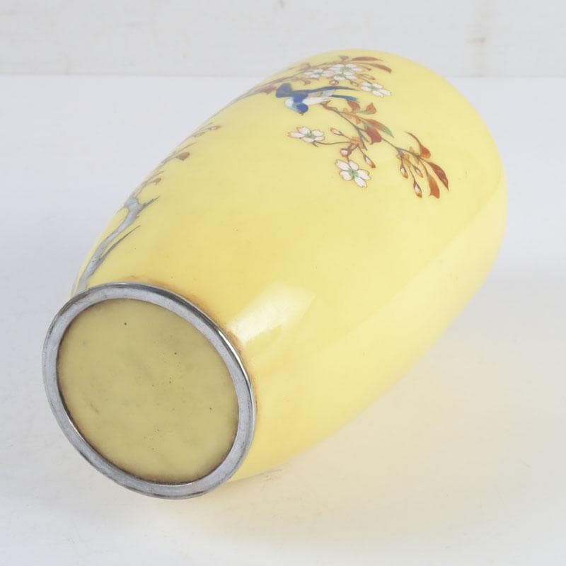 七宝焼　黄釉　花鳥文　花瓶　唐木台・箱付　D　9821