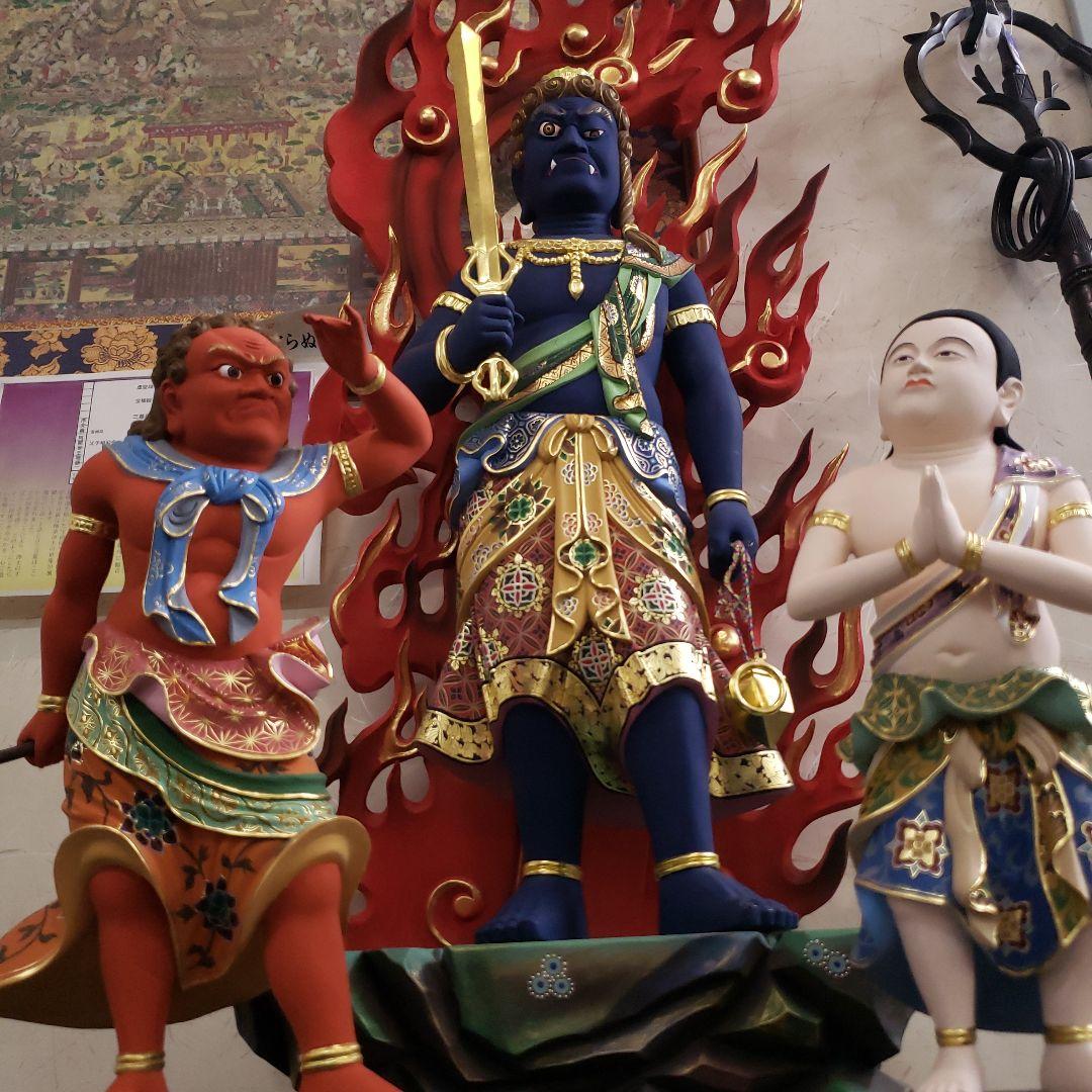 Ｂフライデー送料無料★極彩色 不動明王三尊像2尺★矜羯羅童子・制多迦童子1尺