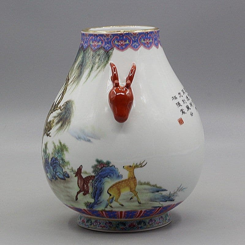 中国美術 両耳鹿頭福筒 開運 風水招財 陶磁器 装飾品 現代工芸品 美術品 置物