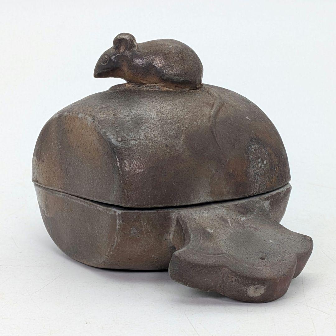 金重利陶苑 備前焼 子香合 合箱合布 抹茶道具 香道具 香盒 干支香合 金彩緋襷