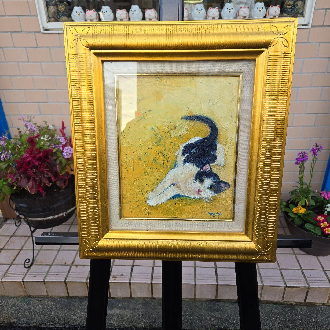 猫の油彩画 　可愛い猫　金色フレーム付き