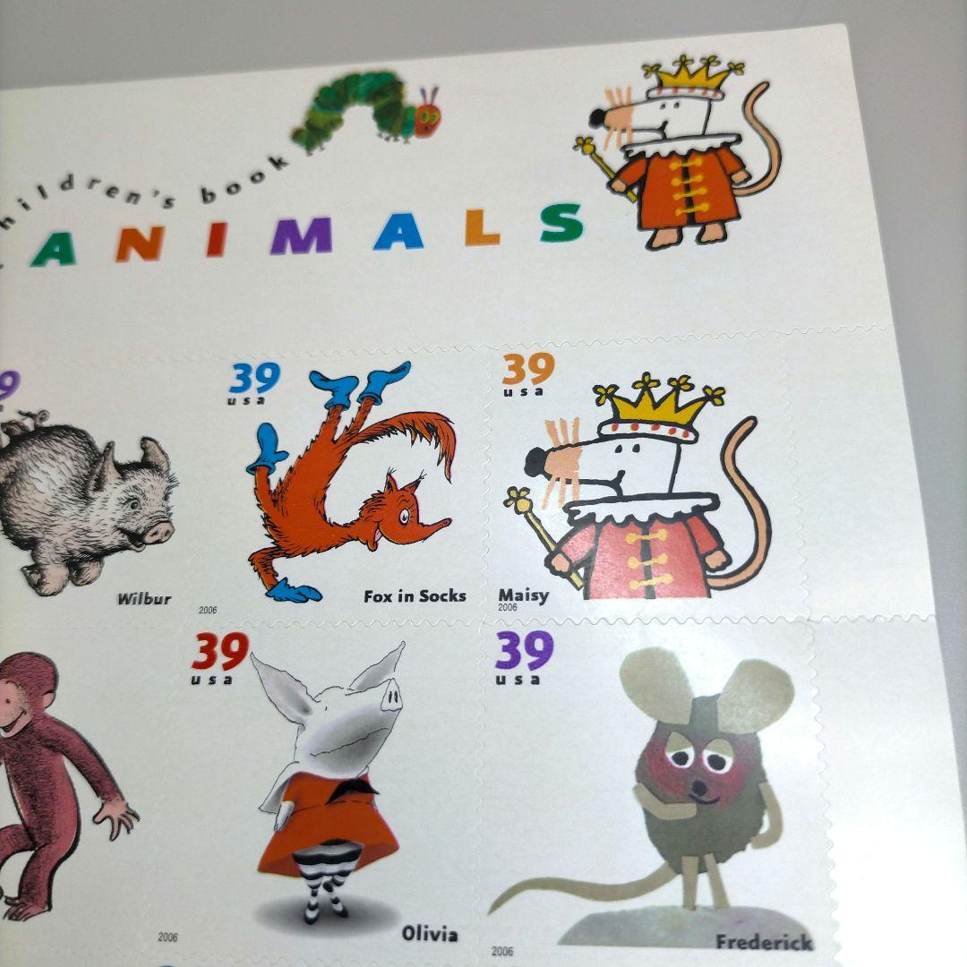 【売約】2363 外国切手 アメリカ 児童画 動物 セルフ糊田型x4セットシート