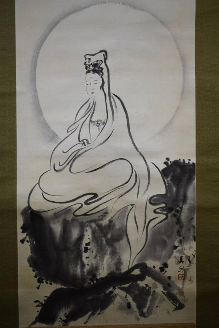 真作/青邱（画）/曹洞宗和尚（賛）/岩上観音画賛/布袋屋掛軸HF-37