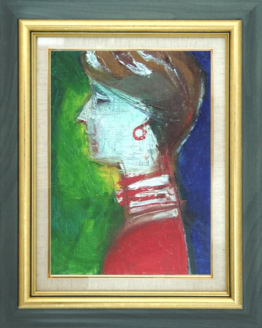 油絵 菅家令子 絵 絵画インテリア額付(青緑＋金色の枠)F4-070502人物女