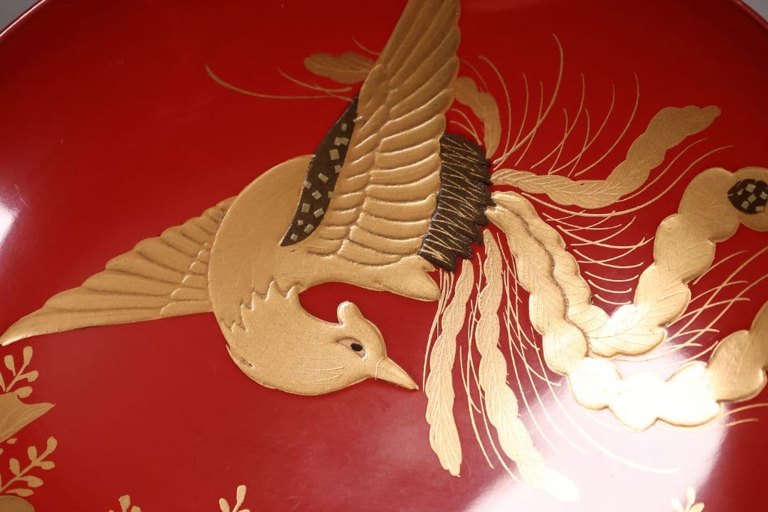 【MA776】時代木製漆器 桐鳳凰・菊 金蒔絵 朱塗 引盃 五客 木製漆器 小皿