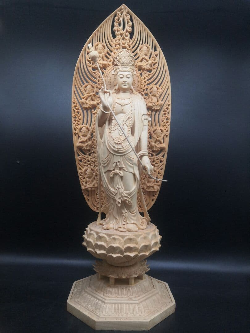 【修縁堂】仏像 阿弥陀三尊 日光菩薩 観音菩薩 八角蓮華丸台座 木彫り 無病息災