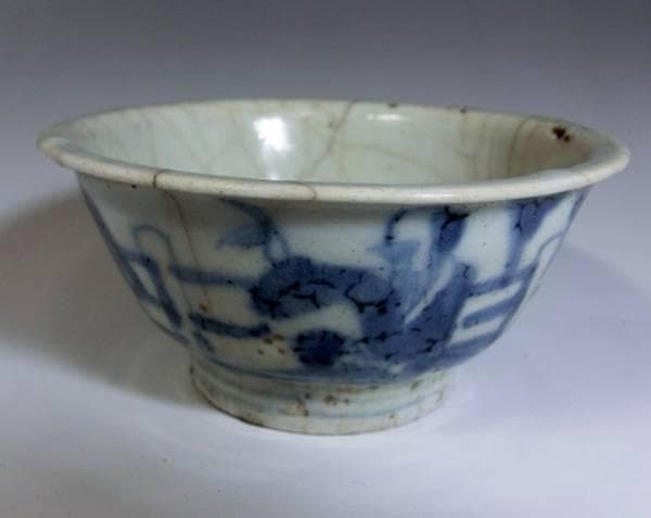 鉢■古い中国染付茶碗 人物絵 青華 経年貫入 茶碗 古碗 古玩 時代物 骨董品■