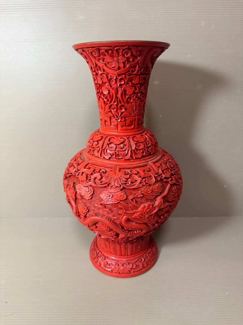 2722 中国美術 漆器 堆朱 剔紅 細密 唐草牡丹雲龍紋 花瓶