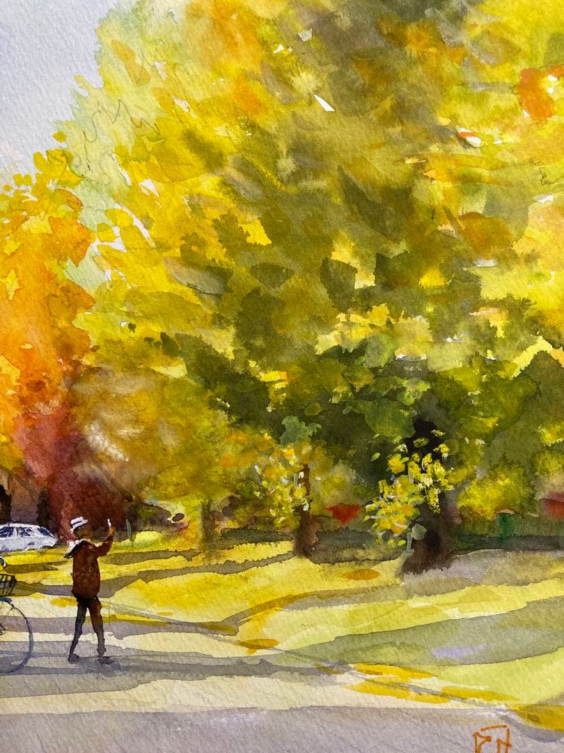 1055☆水彩画原画　風景画　［銀杏並木紅葉］