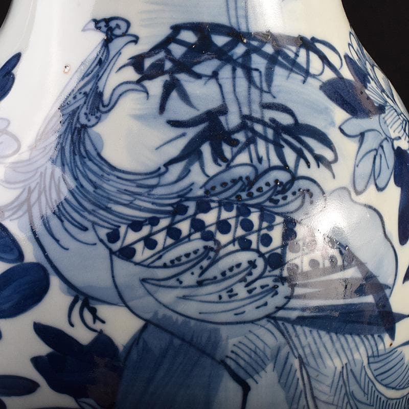 中国　青花　鳳凰花文　双耳瓶　高さ約43cm　M　R7622F