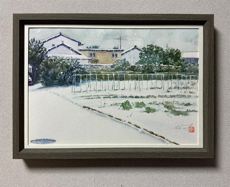 水彩アート「初雪」1点物、手描き、真筆