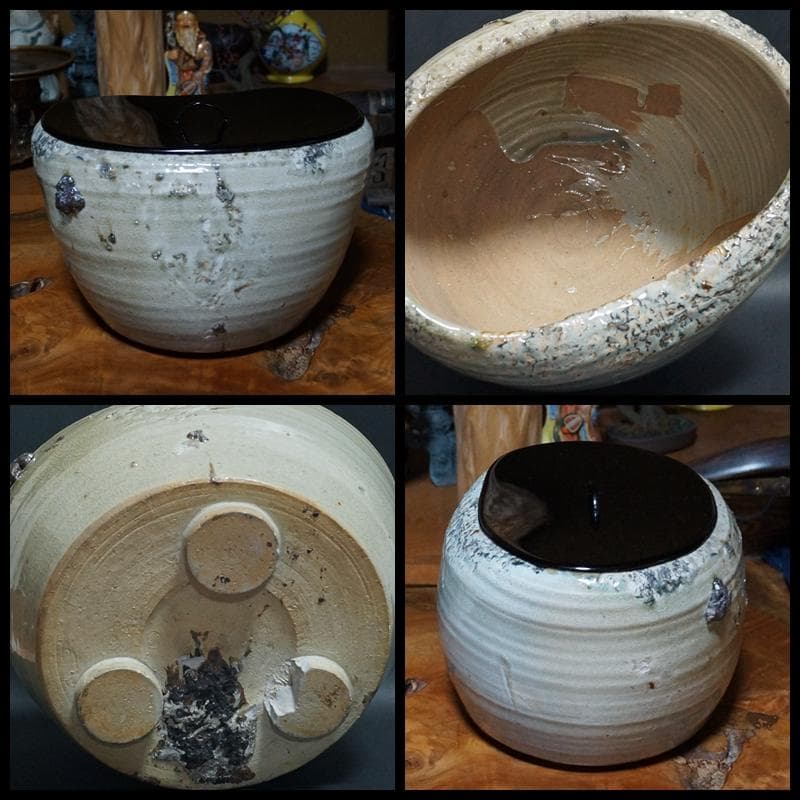 萩焼 大型 水指 木製蓋 三つ足 在銘 / 茶事 茶道具