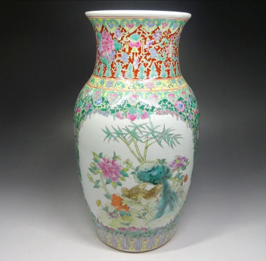 中国古玩 大清乾隆年製 粉彩 花鳥図 花瓶 高約35cm 時代物 c06101