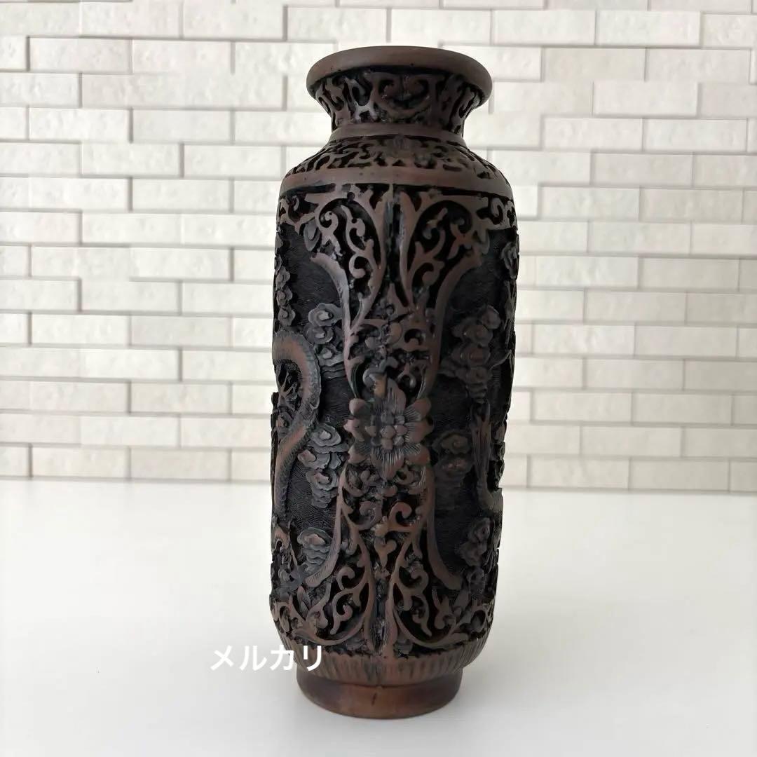 龍　花瓶　黒色花瓶　ドラゴン彫刻　一輪挿し　アンティーク　縁起物骨董品