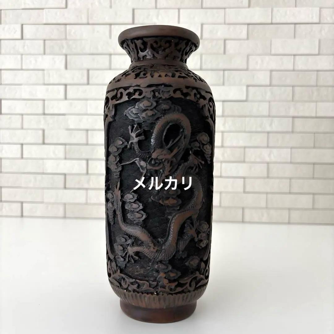 龍　花瓶　黒色花瓶　ドラゴン彫刻　一輪挿し　アンティーク　縁起物骨董品