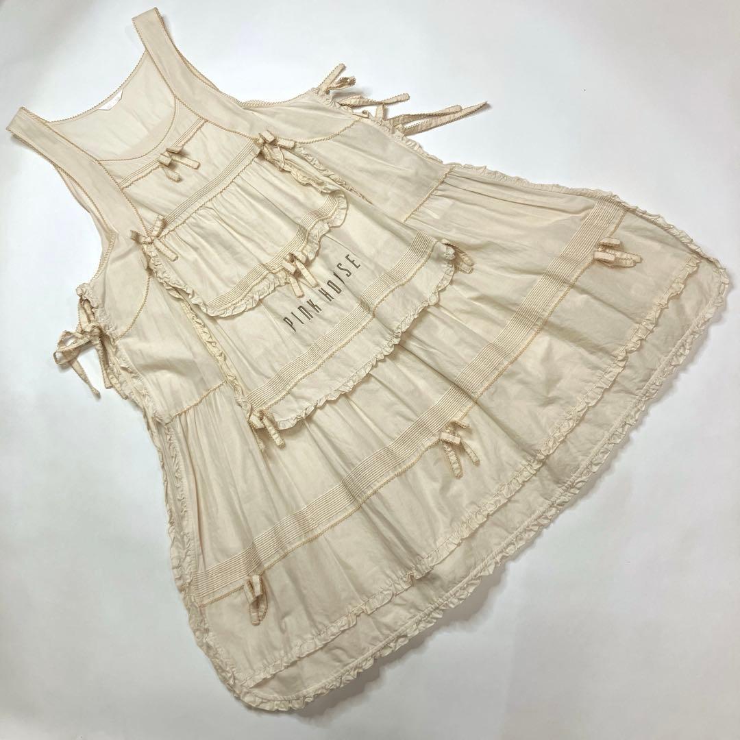 か*様 【美品】ピンクハウス 生成 ピコフリル ロゴ刺繍使い 綿ローンタブリエ