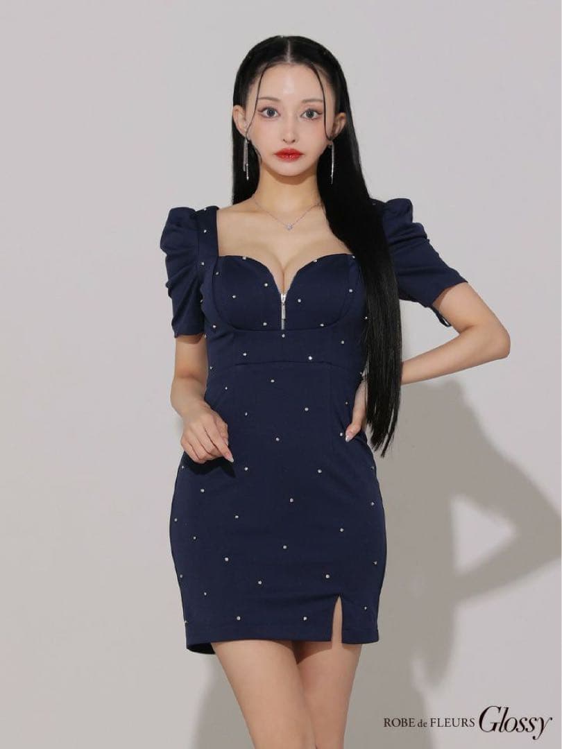 ブラック ROBE de FLEURS 半袖 タイトミニドレス(GL3154)