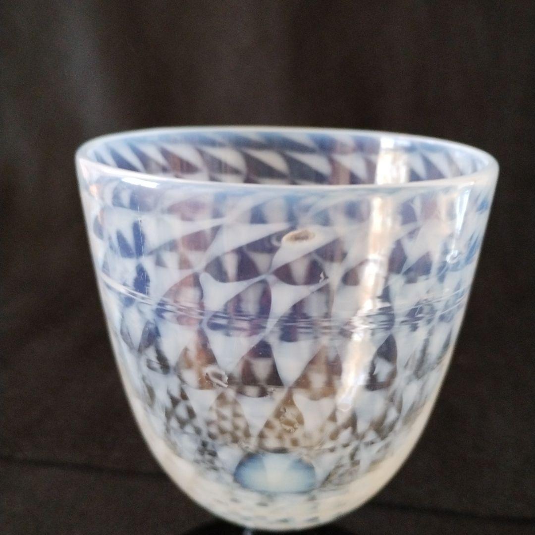 氷コップ　和ガラス乳白透かし鱗文なつめ型黒脚