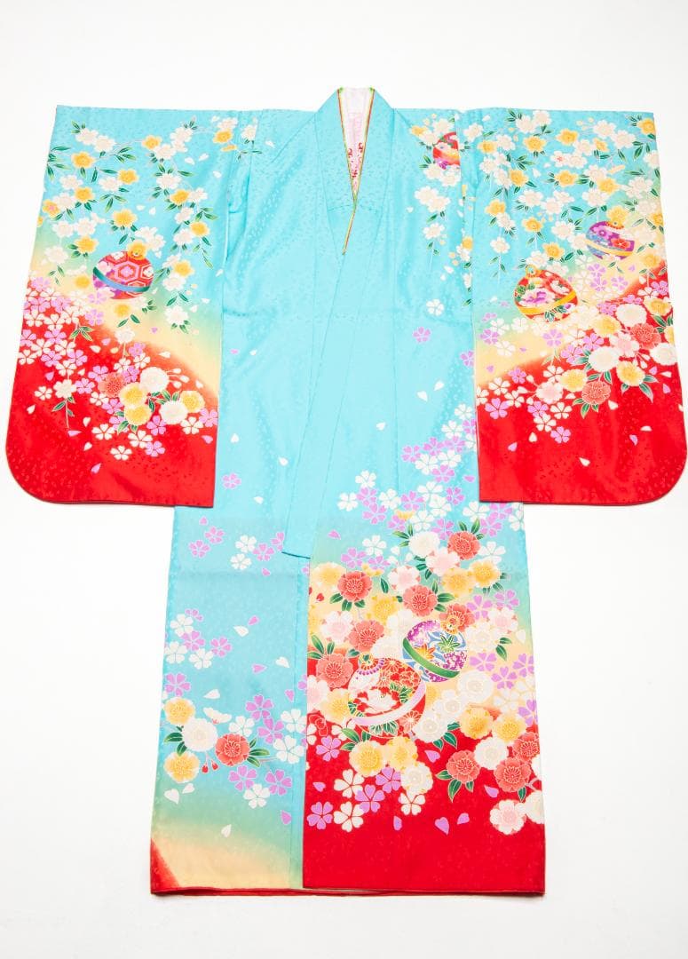 七歳　七五三着物振袖　水色に赤　桜しだれさくらと手毬　+襦袢セット 　美品