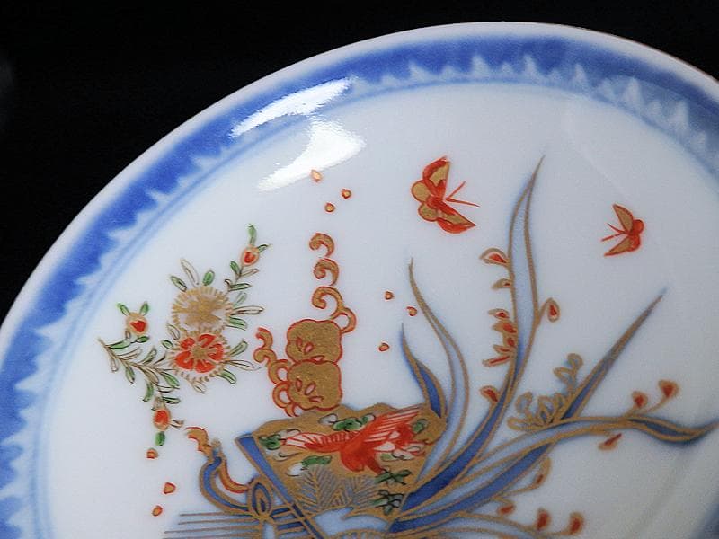 古伊万里　染錦　扇に蘭　蝶に撫子の図　４寸皿　５枚　D756AS-fbjc