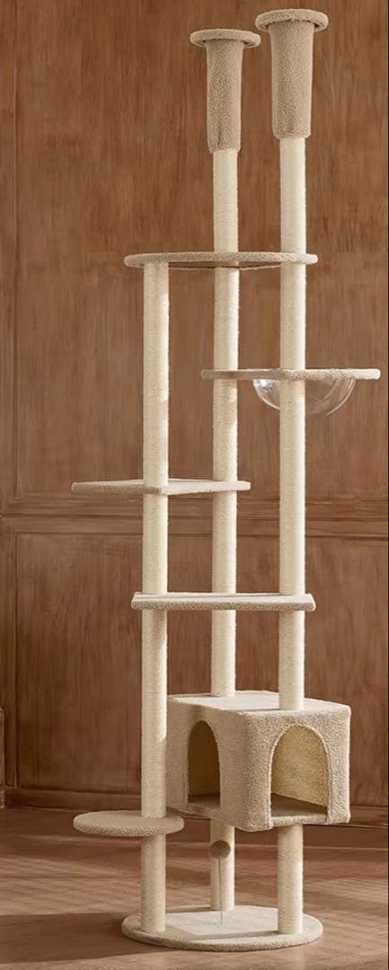 ☆突っ張り型キャットタワー☆爪研ぎ支柱 宇宙船 ベージュ 229cm〜257cm