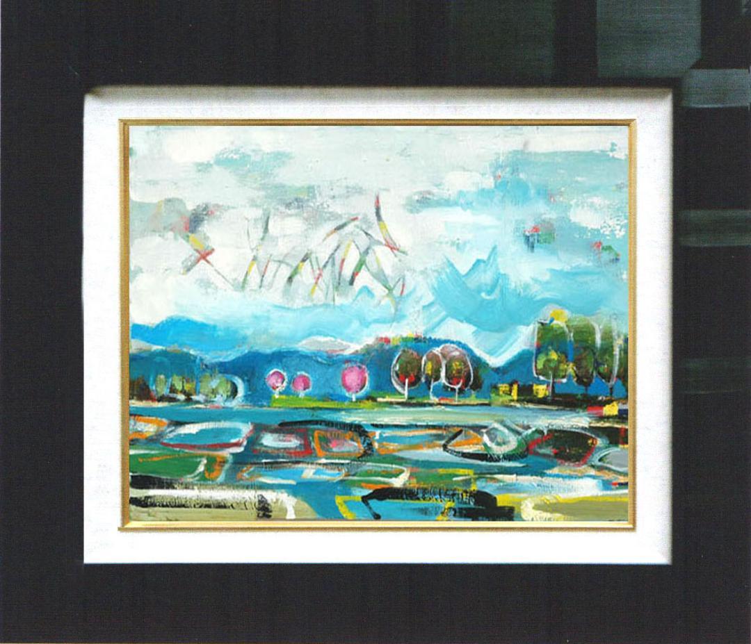 油絵 菅家令子 絵 絵画インテリア額付(青緑＋金色の枠)uF6-063003風景