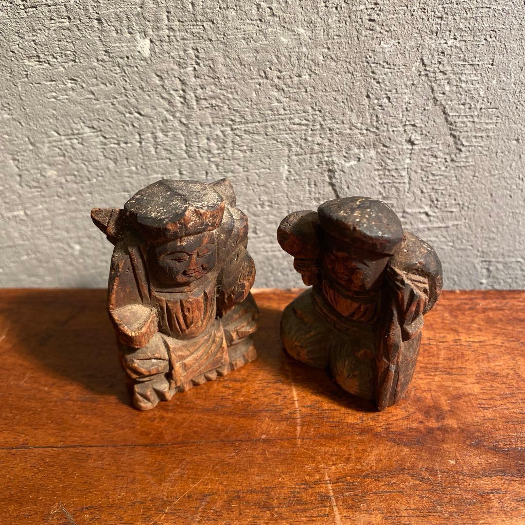 時代物 明治 大黒天 恵比寿 木彫置物 骨董品 コレクション 5.5cm