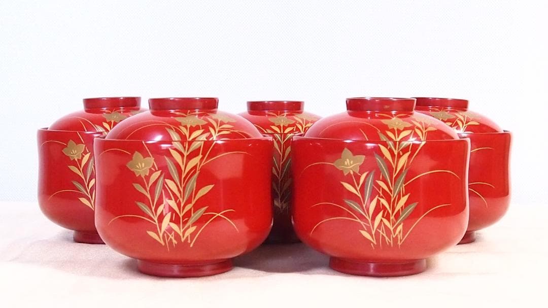 【美品】輪島塗 西久保田漆器店 朱塗 桔梗蒔絵 小吸物椀 5客 瓢型 漆器/食器
