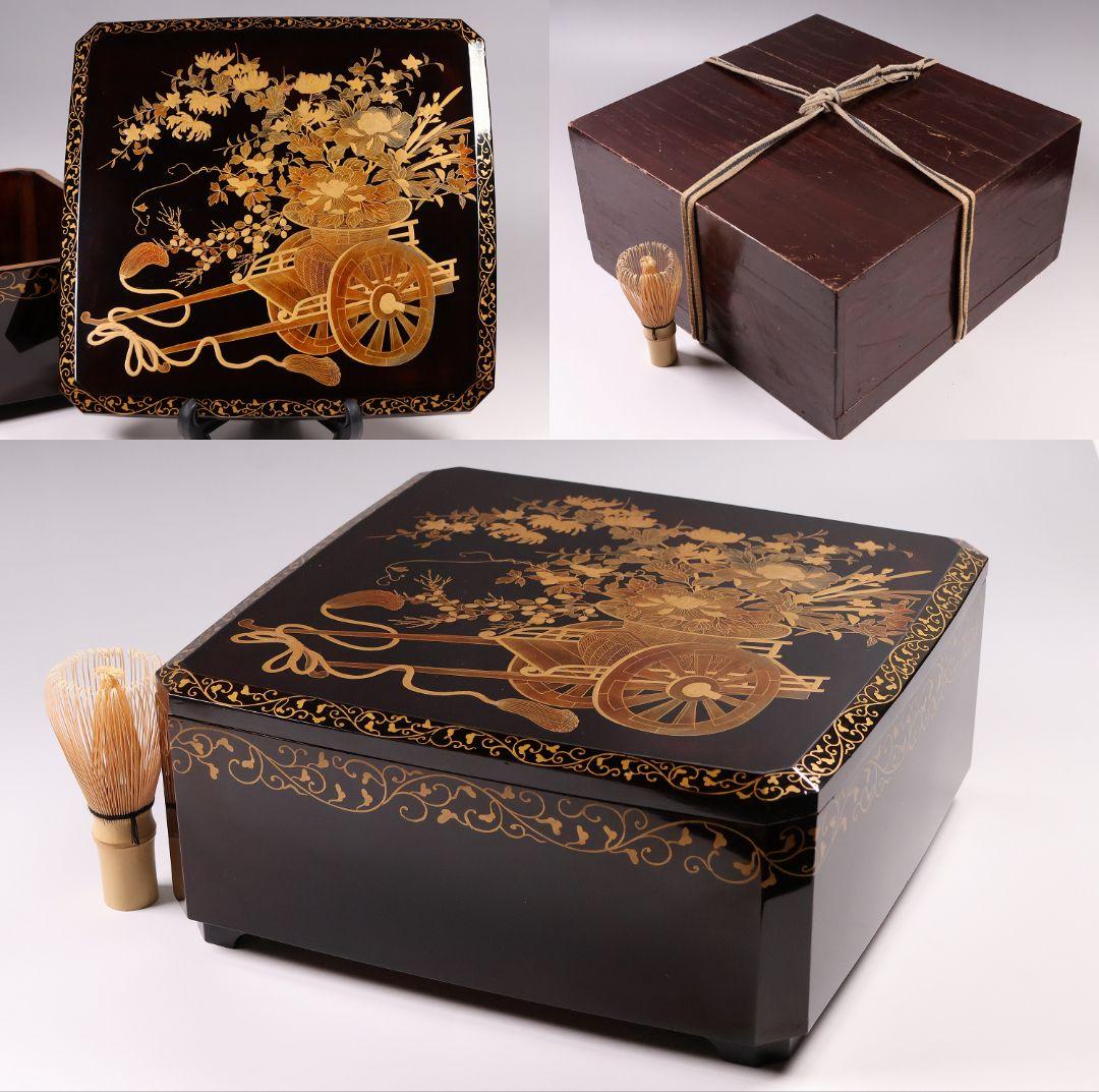 【MA699】加賀蒔絵 饅羹重 内梨地 花車 金蒔絵 木製漆器 饅頭箱 菓子器