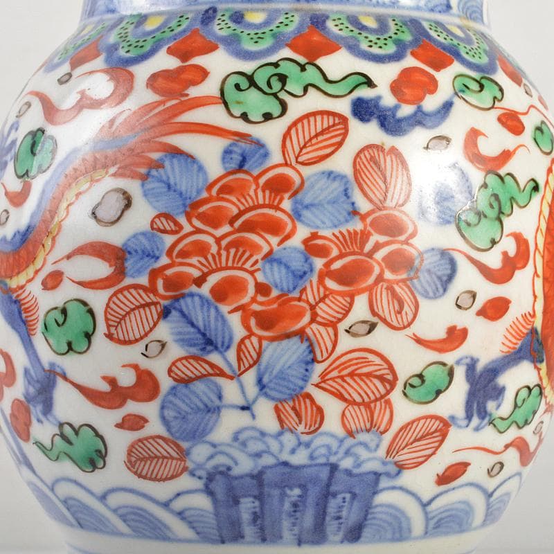 中国　大明萬暦年製款　赤絵　雲龍花文　双魚耳瓶　時代箱付　M　R7343
