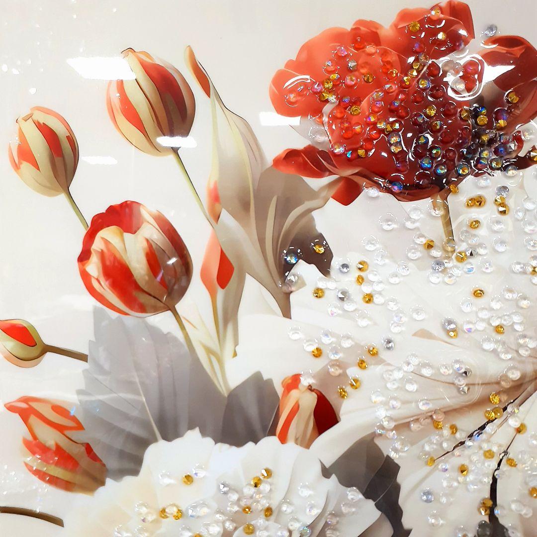 輸入雑貨　『赤い薔薇とロゼッタ』　天然水晶石　クリスタルアート　ゴールドフレーム