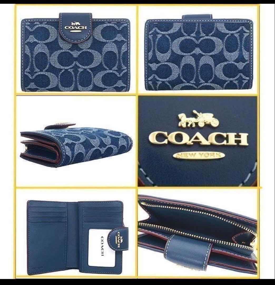 coachデニム&レザーミディアム二つ折り財布、デニムブルー