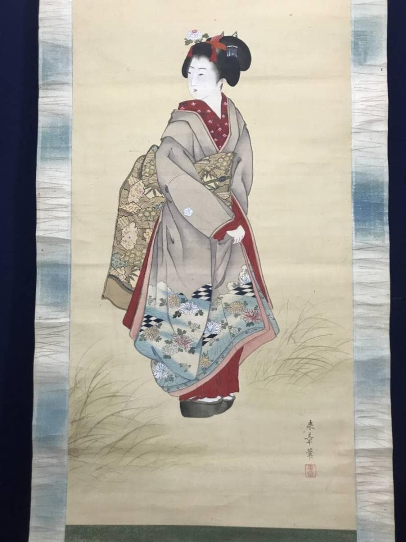 【真作】中島来章/美人画/美人図/掛軸/名家伝来/AC-395