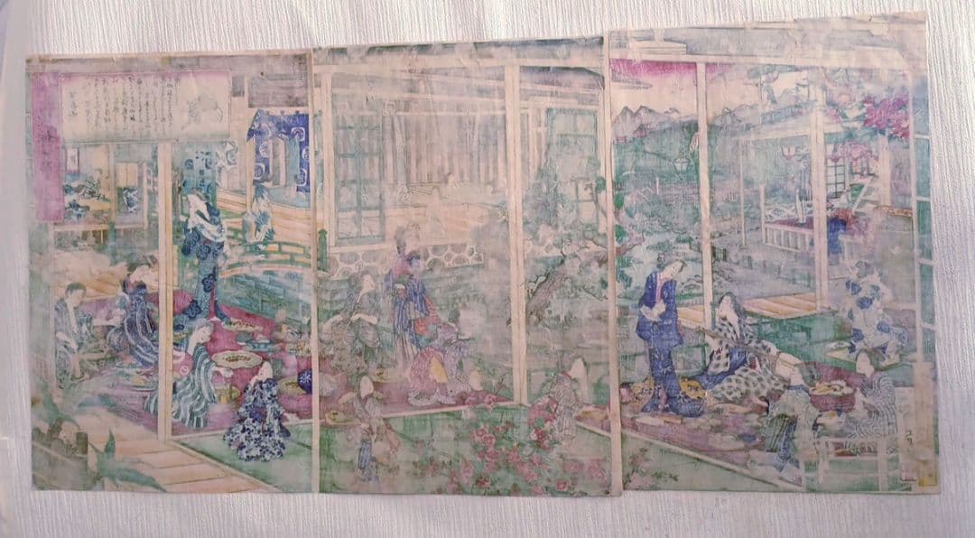 稀浮世絵版画、温泉遊客之圖三枚綴り、歌川芳藤画明治15年出版