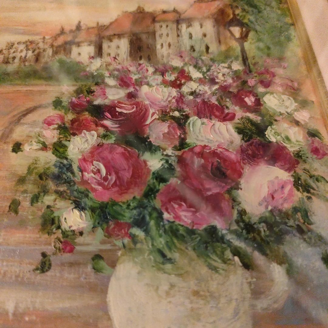 希少　永井弘子　風景画 油彩画 バラの花 ゴールドフレーム　サイン入り