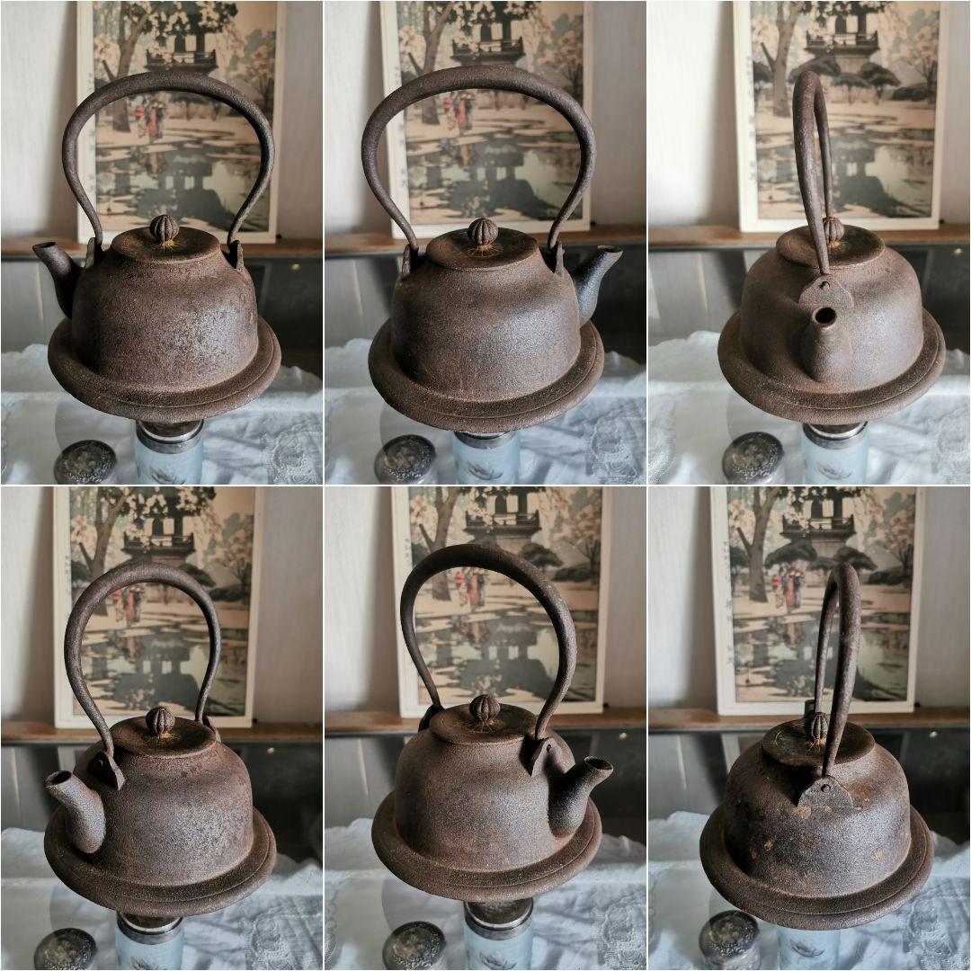 和骨董 重厚な１Ｌ南部鉄瓶 赤紫茶鉄器 珍しい胴下周り装飾付フォルム 菊/蓮摘み