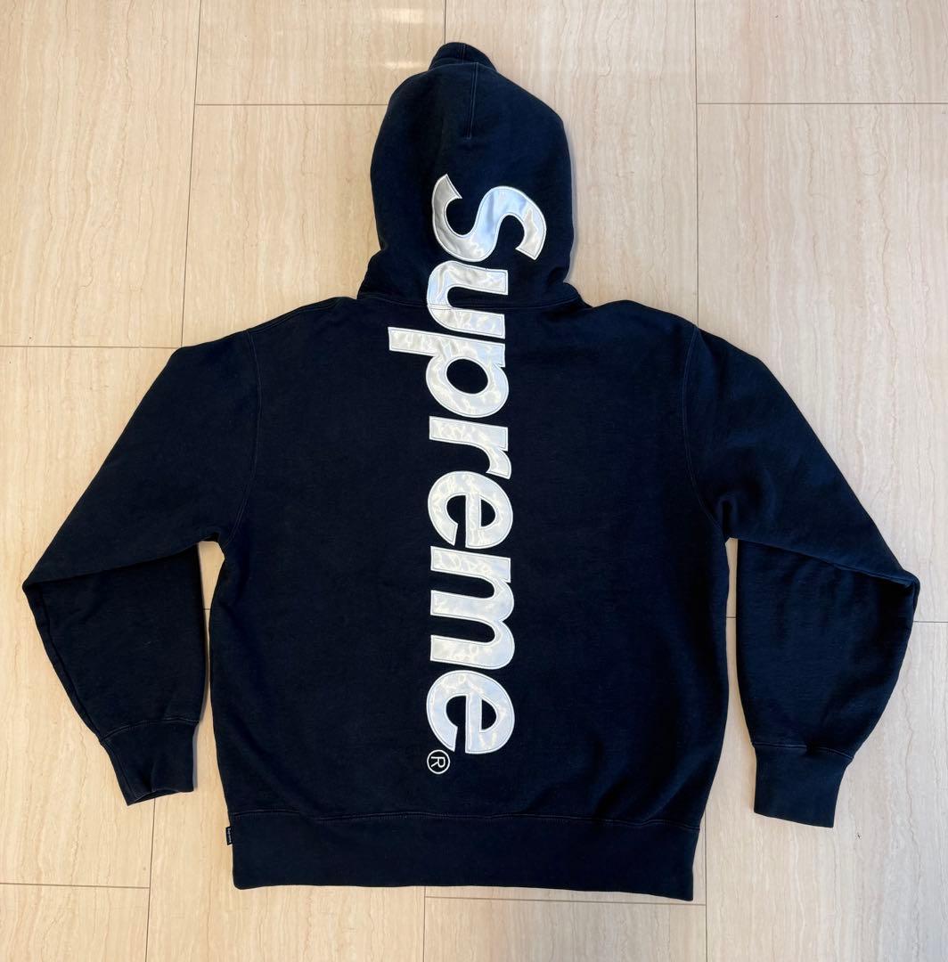 Supreme サテン アップリケ フーディ パーカー M ネイビー