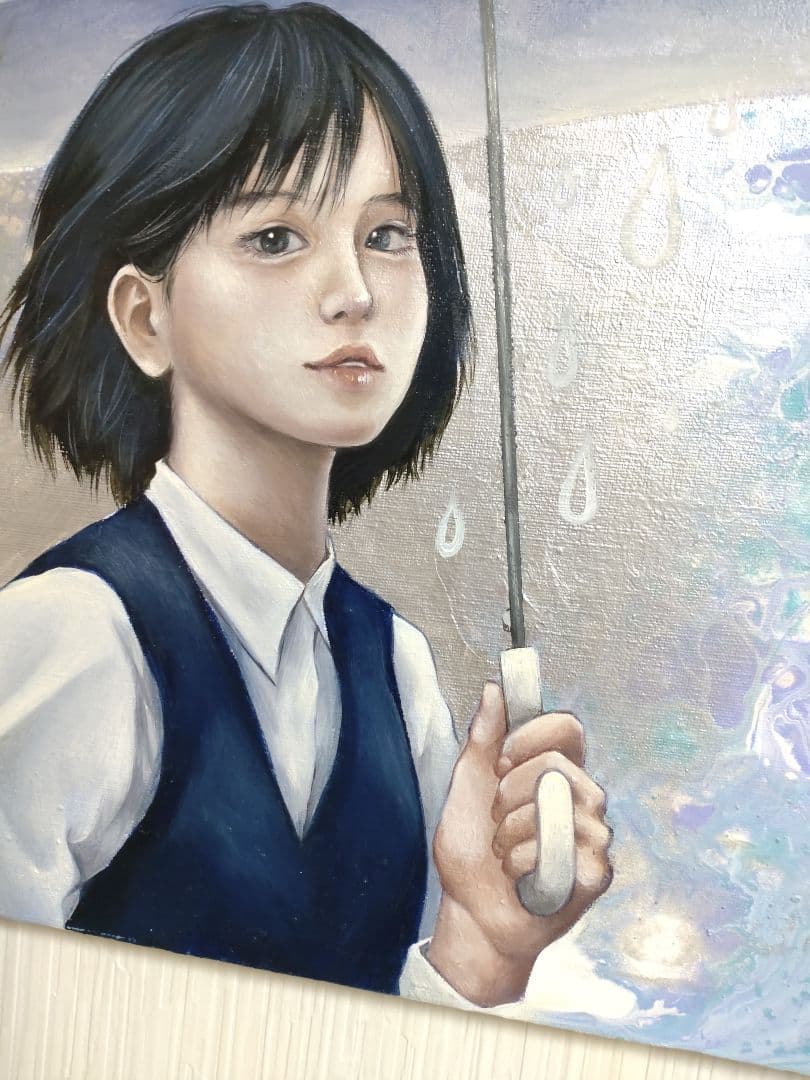人物画【にわか雨】作者サイン入り/油絵/美人画/フルイドアート
