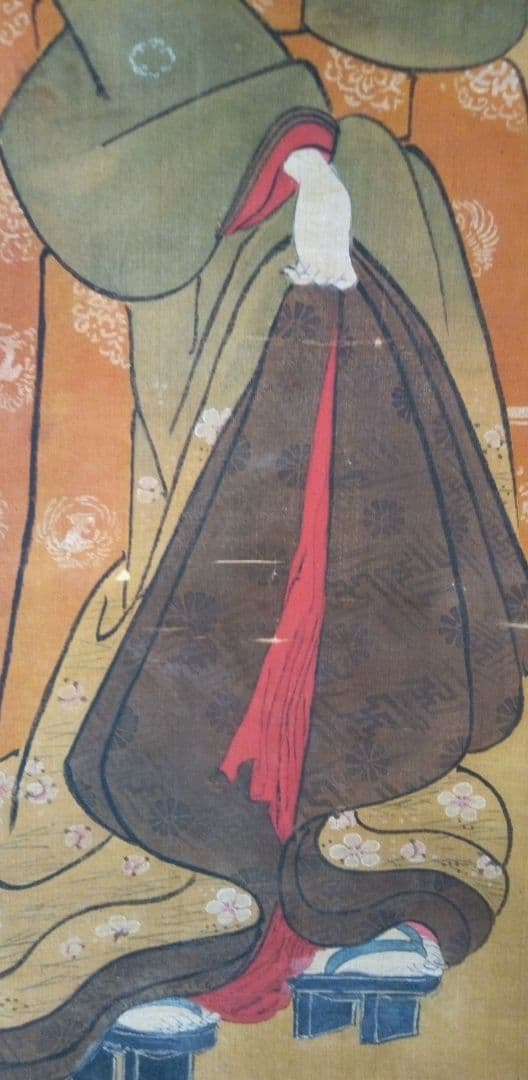 掛け軸、浮世絵美人画絹本、小磯崎雪窓画(浮世絵名歌川芳秀）
